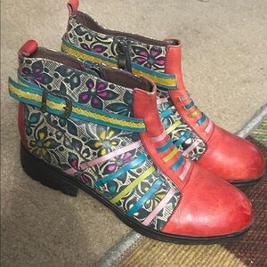 Socofy Retro Bohemian Handmade Leather Colorful Women's Ankle Boots SZ 42